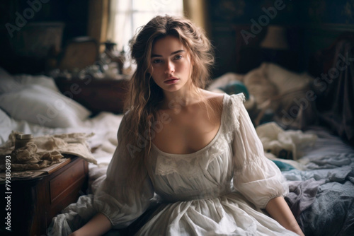 Portrait of a pensive 18th or 19th century woman in an elegant dress sitting on a bed in a bedroom. AI generated.