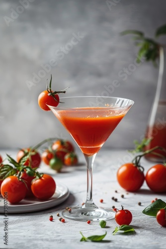 Elegant Tomato Cocktail in Martini Glass with Fresh Basil
