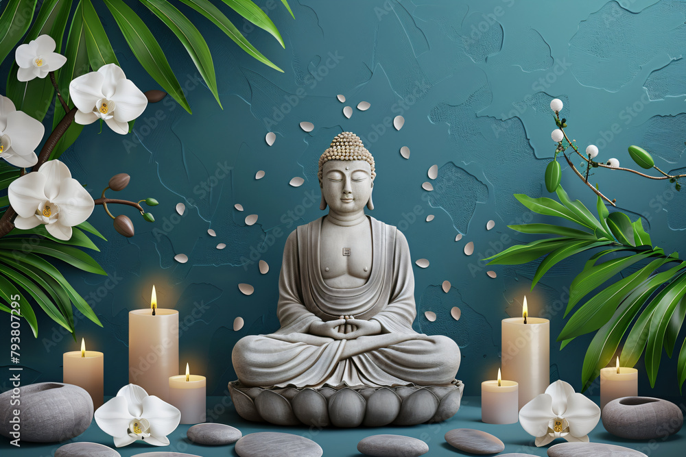 Buddha statue among orchids and candles in a bamboo forest scene. Mystical 3D render for meditation and spa concept, suitable for wall art and theme decor. Buddha Purnima concept Buddha statue among orchids and candles in a bamboo forest scene. Mystical 3D render for meditation and spa concept, suitable for wall art and theme decor. Buddha Purnima concept