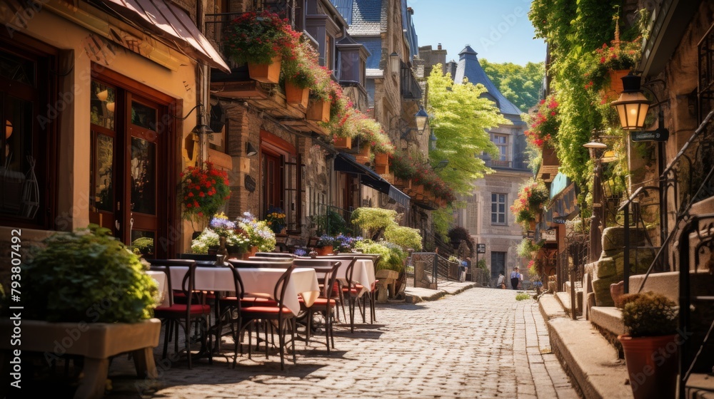 A charming cobblestone street adorned with tables and chairs for al fresco dining under the stars