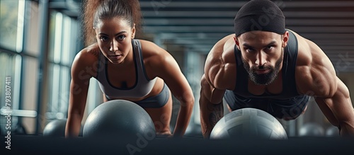 Two people workout on exercise ball at gym photo