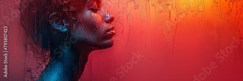 female face with black skin and red lips. Banner with space for text
