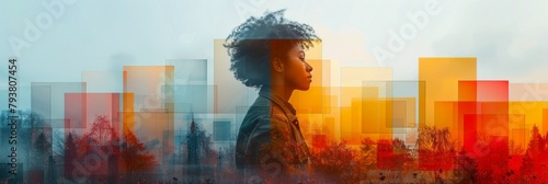 Double exposure of African American woman with afro hairstyle and cityscape photo