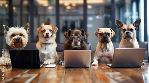 Dogs with laptops looking like a working team.