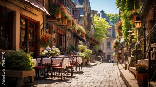 A charming cobblestone street adorned with tables and chairs for al fresco dining under the stars © Muhammad