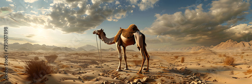 Closeup of smiling camel with glasses in desert,  Desert landscape with a camel  . 
