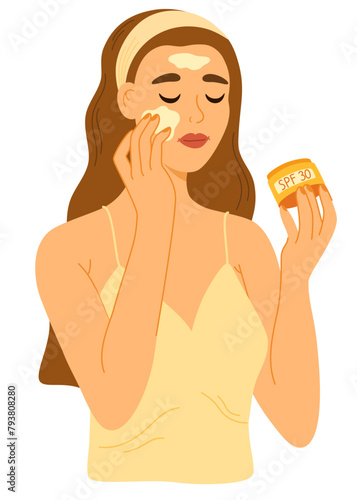 Woman applying sunscreen product. SPF protection and sun safety concept. Skin care banner. Vector illustration 
