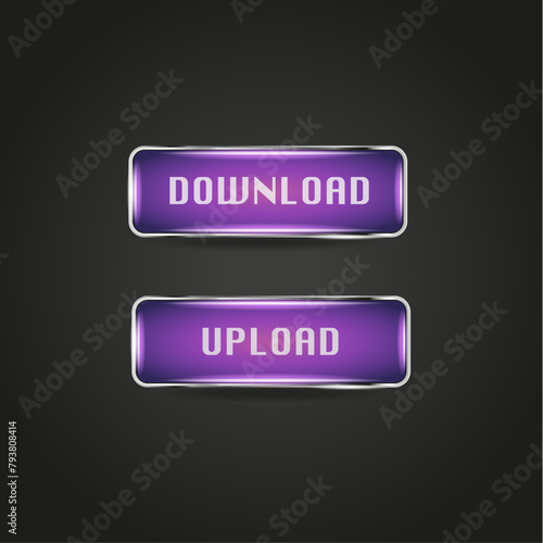 Download/upload sign. Gradient purple shiny silver metal button. Website element  photo