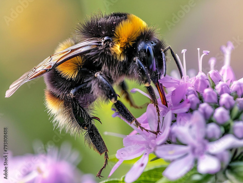 Vibrant bumblebee collecting pollen on a colorful flower in a natural closeup setting.
