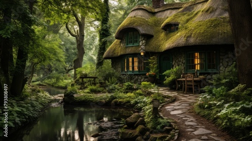 A charming house with a thatched roof nestled in a lush forest setting