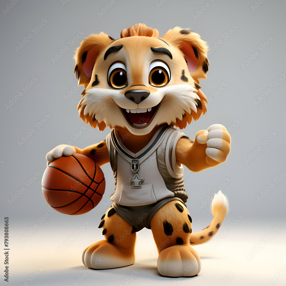 Naklejka premium 3D Illustration of a Cute Cartoon Lion with a Basketball