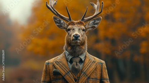 Dapper deer in a tweed suit, accessorized with a pocket square, against a woodland glen backdrop, lit with dappled sunlight, emanating rustic elegance and charm