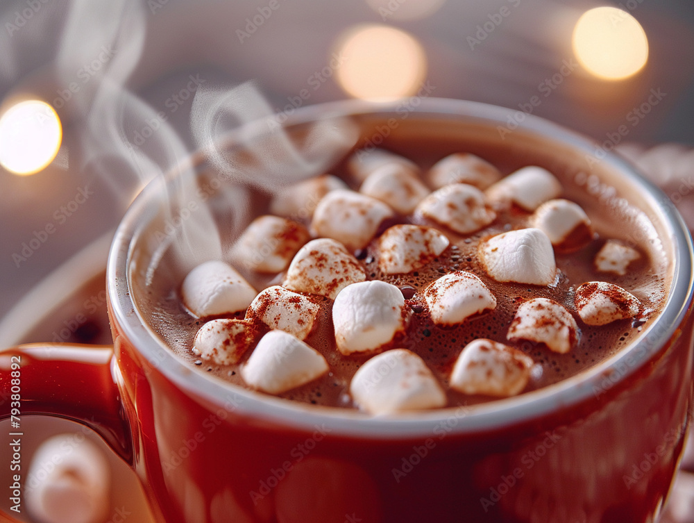 Close-up of steaming hot chocolate with marshmallows, a comforting winter treat, rich and creamy texture Close-up of steaming hot chocolate with marshmallows, a comforting winter treat, rich and creamy texture