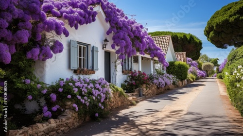 A scenic street adorned with a profusion of vibrant purple flowers in full bloom