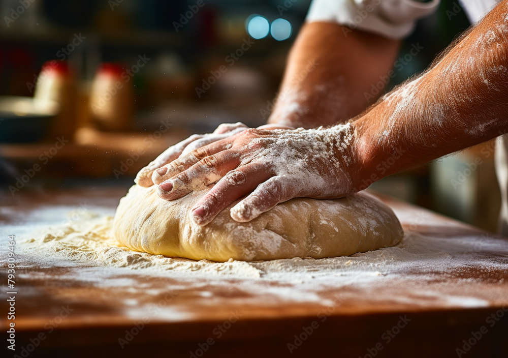 Closeup Hands Kneading, Stretching Pizza Dough on Floured Surface - Tactile Pizza Preparation Process