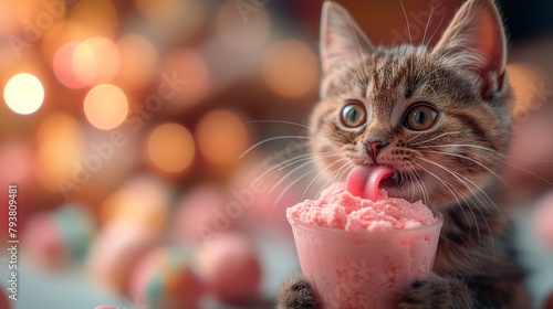 Close-up of a cat licking ice cream, a kitten eating sundae photo