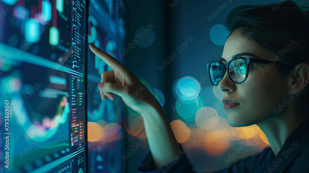 A woman is looking at a computer screen with a lot of numbers and graphs A woman is looking at a computer screen with a lot of numbers and graphs
