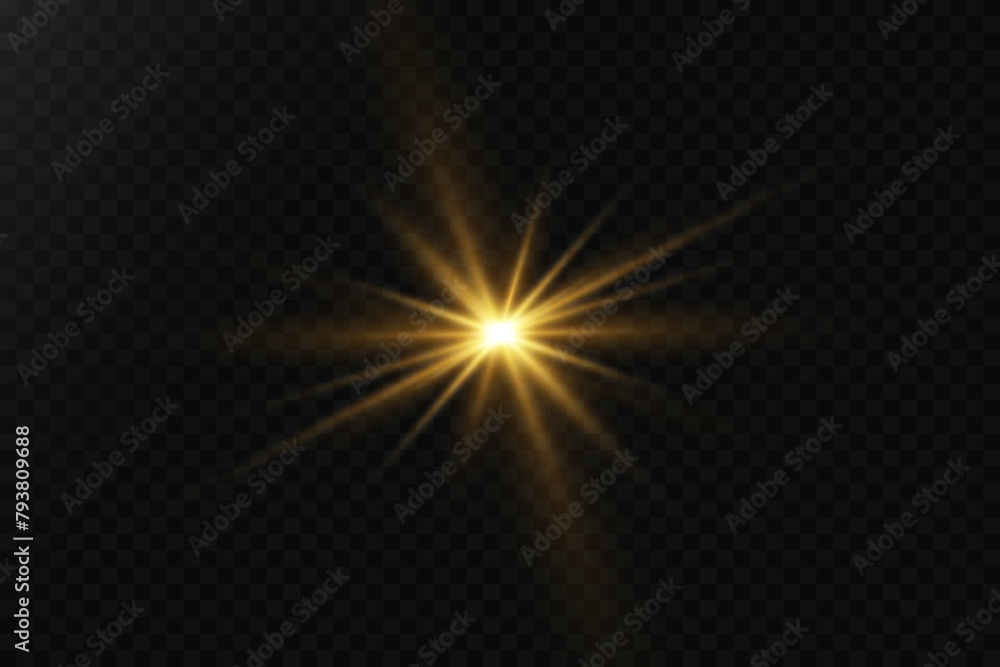 Glowing light explodes on a transparent background. Transparent shining sun, bright flash. Special light effect of glare and lenses.