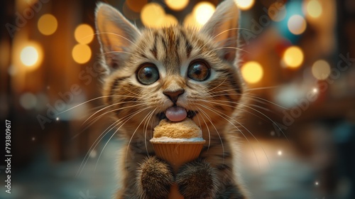 Close-up of a cat licking ice cream, a kitten eating sundae