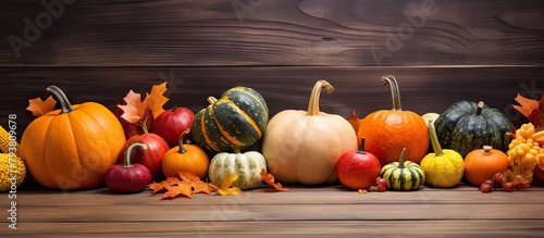 Pumpkins and squash arranged on wooden surface
