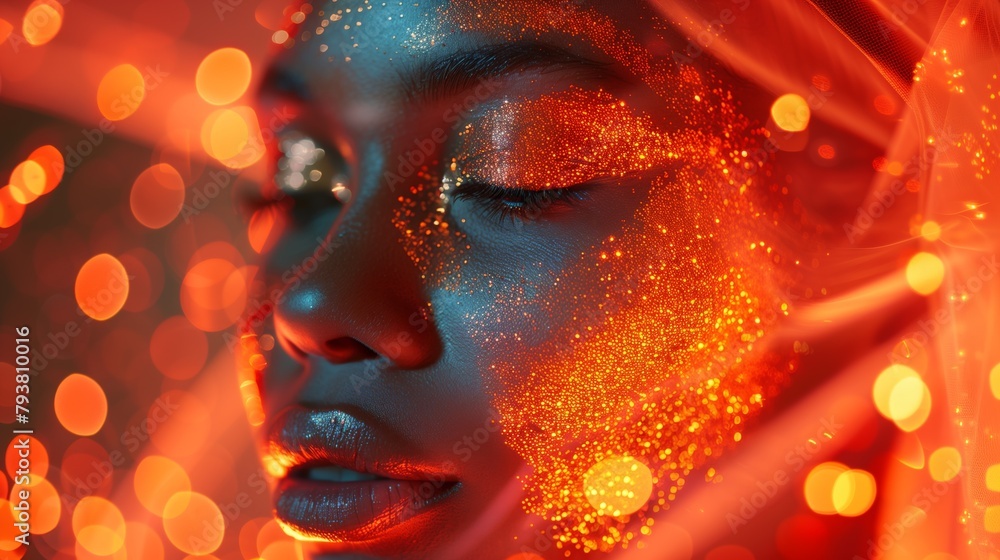 Close-up Young African American woman with red orange and gold shining make-up and close eyes and body art, on a black background with yellow and gold bokeh. Design art poster, for decoration Close-up Young African American woman with red orange and gold shining make-up and close eyes and body art, on a black background with yellow and gold bokeh. Design art poster, for decoration