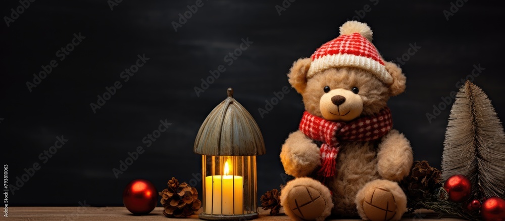 Teddy bear in winter clothes beside lantern