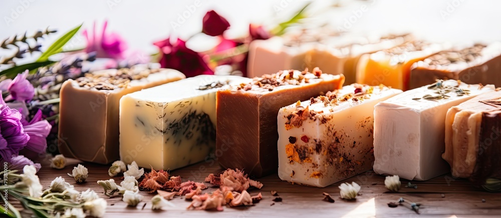 A bunch of various soap bars displayed on a table A bunch of various soap bars displayed on a table