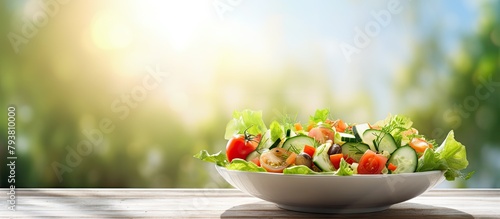 Fresh salad bowl on table, blurred background photo