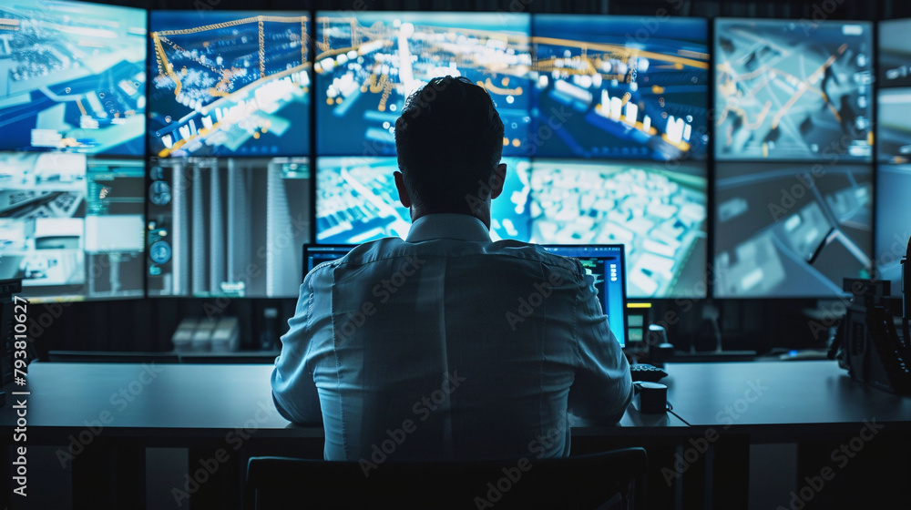 A man is sitting in front of a computer monitor with many screens A man is sitting in front of a computer monitor with many screens