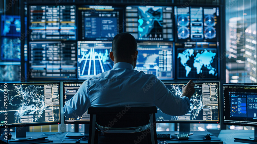 A man is sitting in front of a computer monitor with many screens A man is sitting in front of a computer monitor with many screens