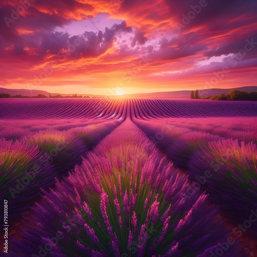 Epic Wide Shot of vibrant lavender fields of Provence. 