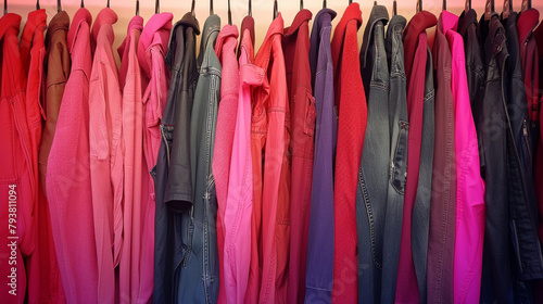A row of brightly colored jackets hang on a rack. The jackets are in a variety of colors, including pink, purple, and blue. The jackets are arranged in a neat and orderly fashion