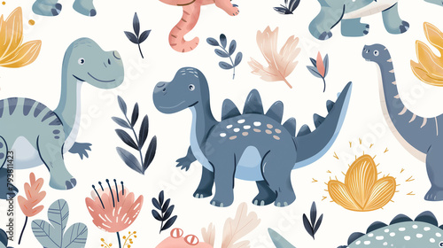Colorful cartoon dinosaurs and flora on a white background.