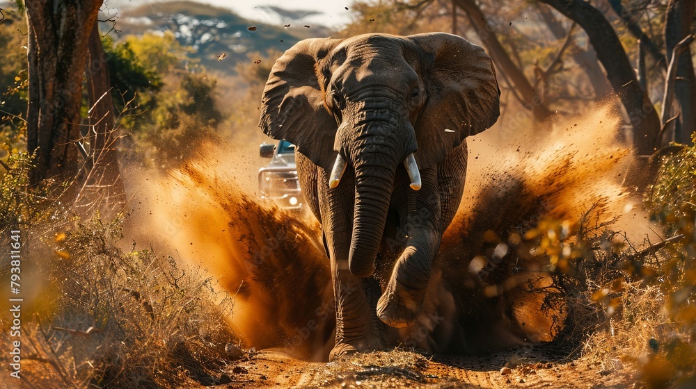Action-packed view of an elephant racing after a family car through a lush national park, fear and excitement visible