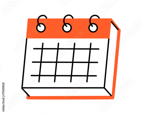 Hand drawn cute illustration of calendar. Flat vector timetable or schedule stationery page in colored doodle style. Planning or time management icon. Event deadline. Isolated on white background.