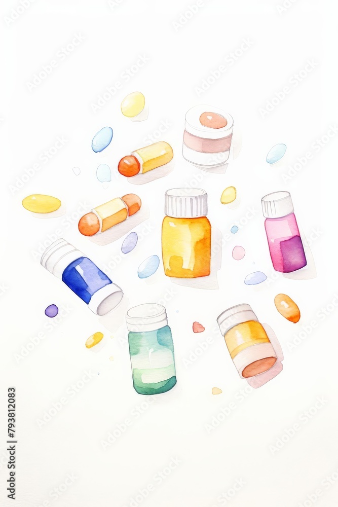 A seamless pattern of colorful pills on a blue background.