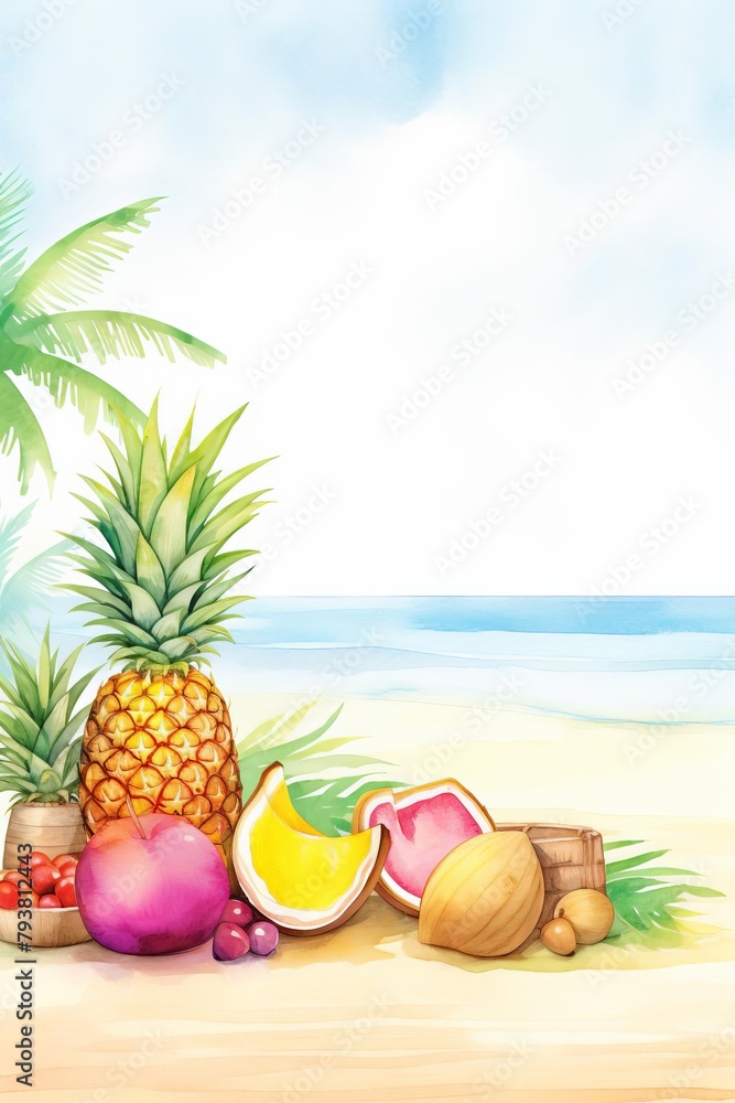 A watercolor painting of a beach with a pineapple, dragon fruit, coconut, and other tropical fruits in the foreground, palm trees, and the ocean in the background.