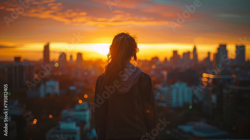 Silhouette of a woman gazing at the urban skyline during a breathtaking golden sunset, evoking a sense of reflection.