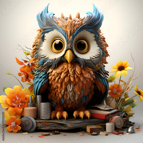Owl with books. alarm clock and flowers. 3d illustration photo