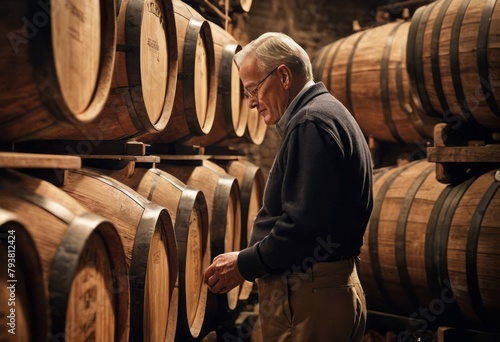A seasoned winemaker examines aging barrels in a wine cellar, assessing the wine's maturation process. photo