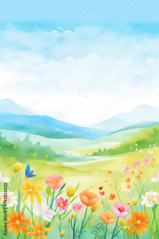 Mountain landscape covered with wildflowers in bloom, a spectrum of colors against the green hills under a clear blue sky