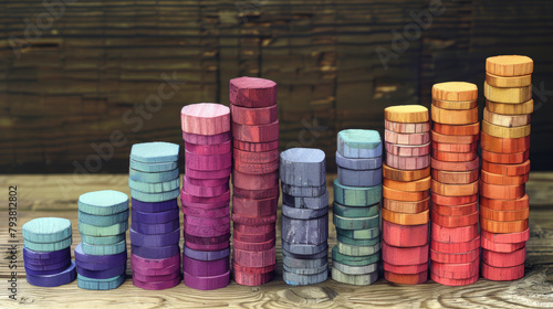 A stack of colorful wooden blocks with a rainbow pattern. The blocks are arranged in a pyramid shape, with the bottom row being the largest and the top row being the smallest