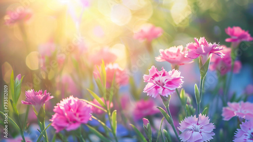 Closeup of pink Dianthus flower under sunlight 