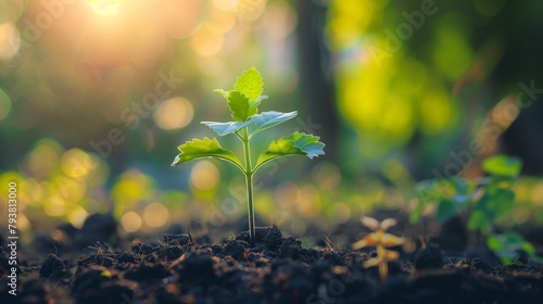 AI generated illustration of a close-up of seedlings sprouting from soil in a garden