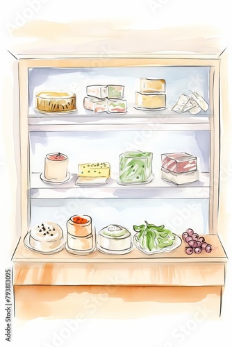 An illustration of a bakery case with a variety of baked goods on shelves.
