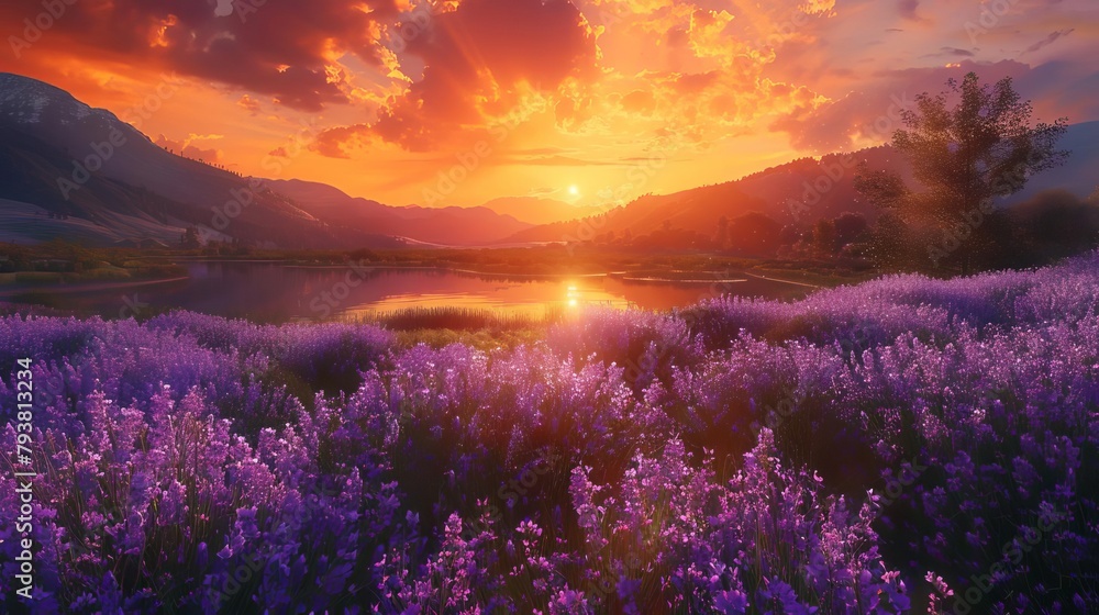 Shift to a panoramic perspective Capture a vast meadow filled with JoePye weed in full bloom, their clusters of lavender flowers swaying gently in the summer breeze The meadow slopes down towards a tr - obrazy, fototapety, plakaty 