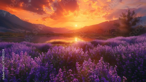 Shift to a panoramic perspective Capture a vast meadow filled with JoePye weed in full bloom, their clusters of lavender flowers swaying gently in the summer breeze The meadow slopes down towards a tr