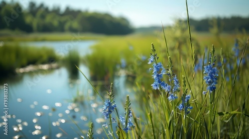 Instead of a closeup, take a travelers perspective Imagine a winding nature trail through a lush wetland Sunlight filters through the tall grasses, illuminating a cluster of pickerel rush flowers in a photo