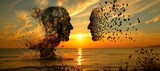 Silhouette two faces heads in profile tree birds sunset ocean sky