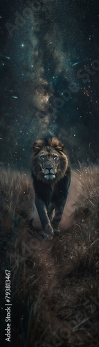 A lion driving through starlit paths   hyper realistic  low noise  low texture